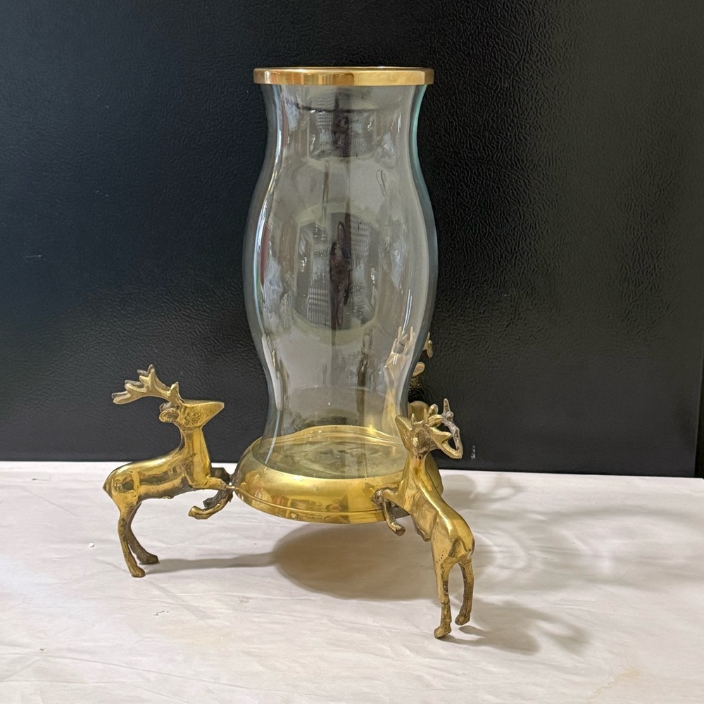 Brass Deer Reindeer Glass Hurricane Candle Vase - Gold Vintage Woodland